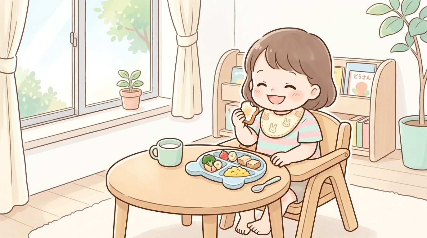リビングの明るい窓辺で朝食を前に笑顔で手づかみ食べをする2歳児