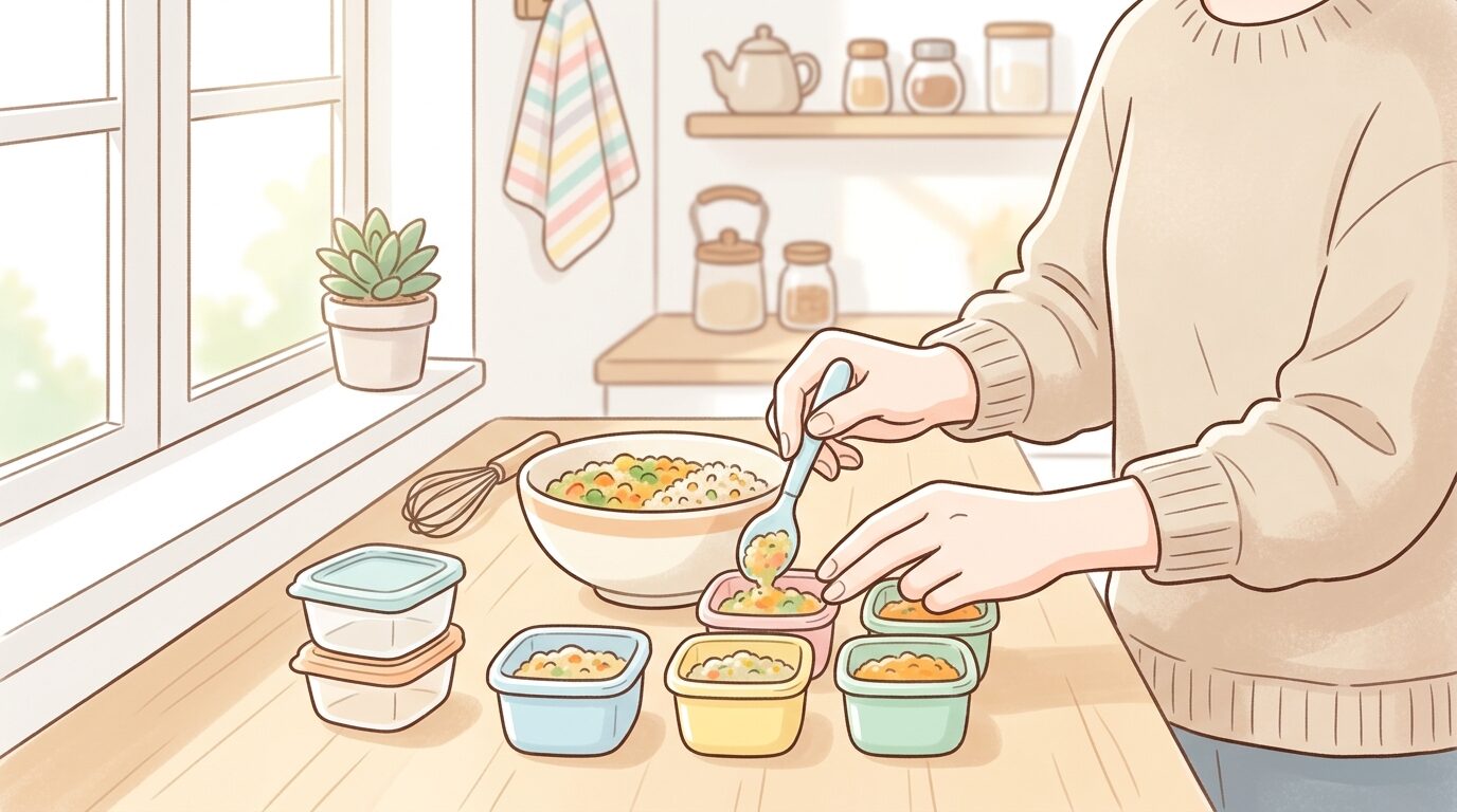 キッチンで小さな保存容器に離乳食を小分けしている母親の手元、明るい自然光が差し込む温かい雰囲気