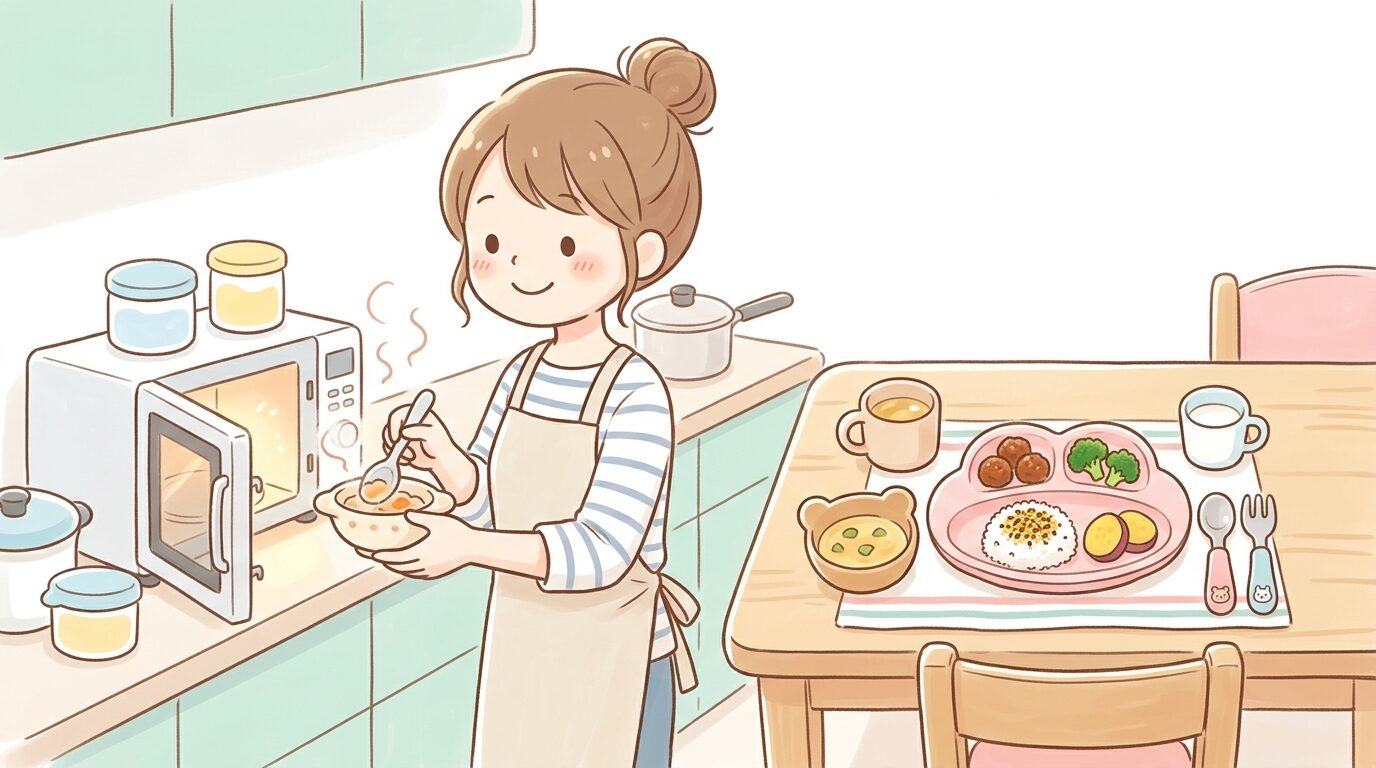 電子レンジで温めた幼児食を子ども用の食器に盛り付ける様子、可愛らしいキッズ食器が並ぶ食卓