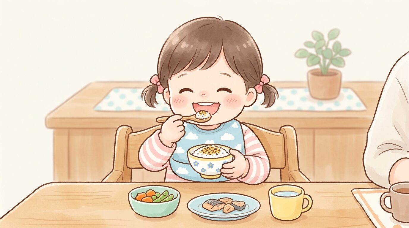 2歳児が小さな手でお茶碗を持ちながら笑顔でご飯を食べている食卓の様子