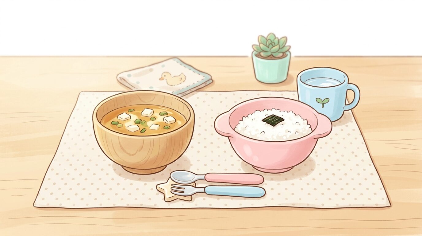 木製のお椀とプラスチック製のお茶碗が並んだキッズ食器セットのテーブルコーディネート