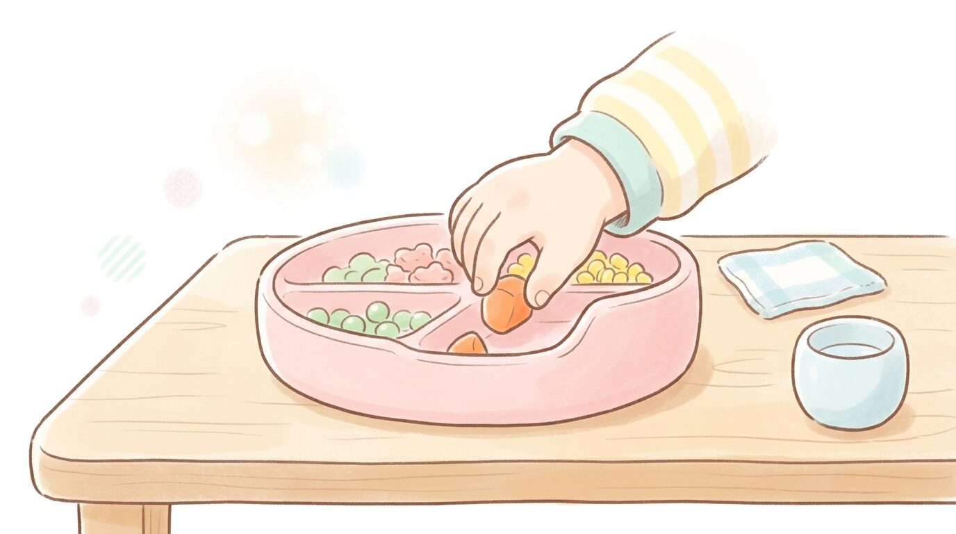 すくいやすい返し付きの子供用プレートに手づかみで食べ物をのせようとする2歳児の手元
