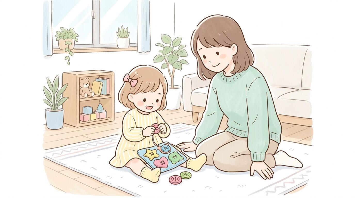 リビングでフェルトのボタン練習おもちゃに取り組む2歳児の女の子と、隣で優しく見守る母親
