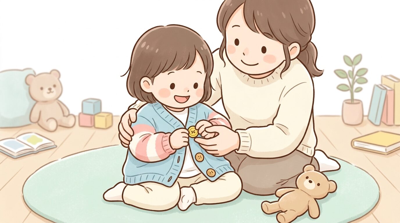 前開きのカーディガンのボタンに挑戦する2歳児と、後ろから手を添えてサポートする保護者