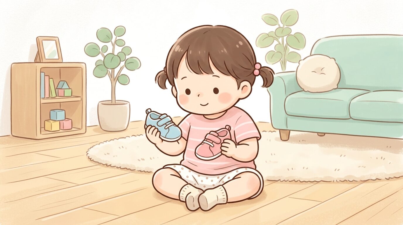 リビングの床に座り、靴を両手に持って左右を見比べる2歳くらいの女の子