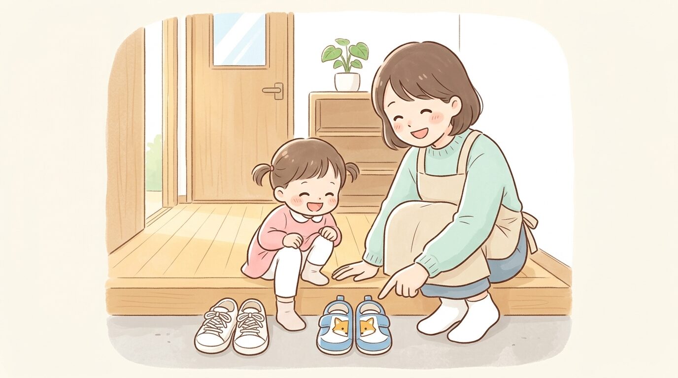 玄関で親子が靴を並べて絵合わせシールを見ながら笑顔で確認している様子