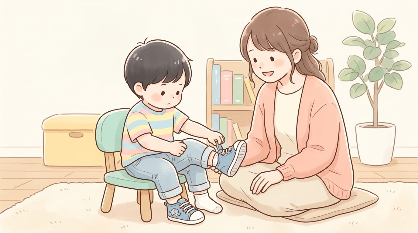 低い椅子に座って自分の力で靴を履こうとする2歳児と、隣で優しく見守る保護者