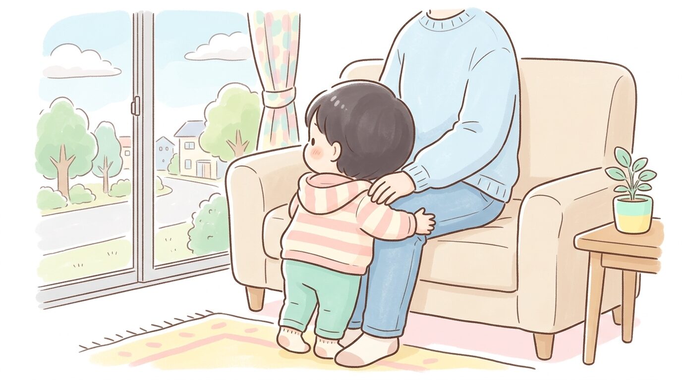 リビングでママの膝にしがみつきながら外の様子をそっとうかがう2歳児の後ろ姿