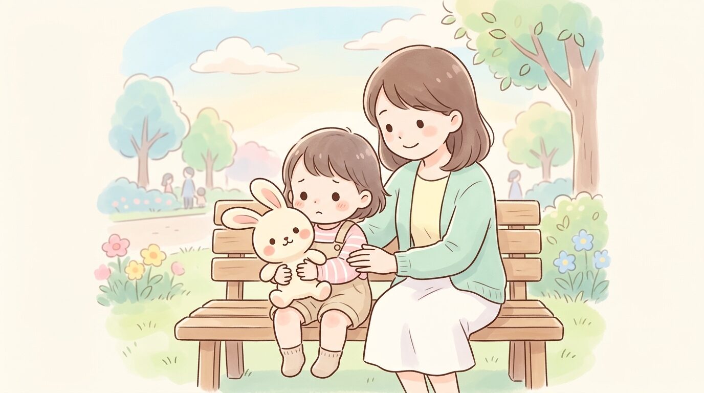 お気に入りのぬいぐるみを抱えながら公園のベンチで様子を見る幼児と隣で寄り添う母親