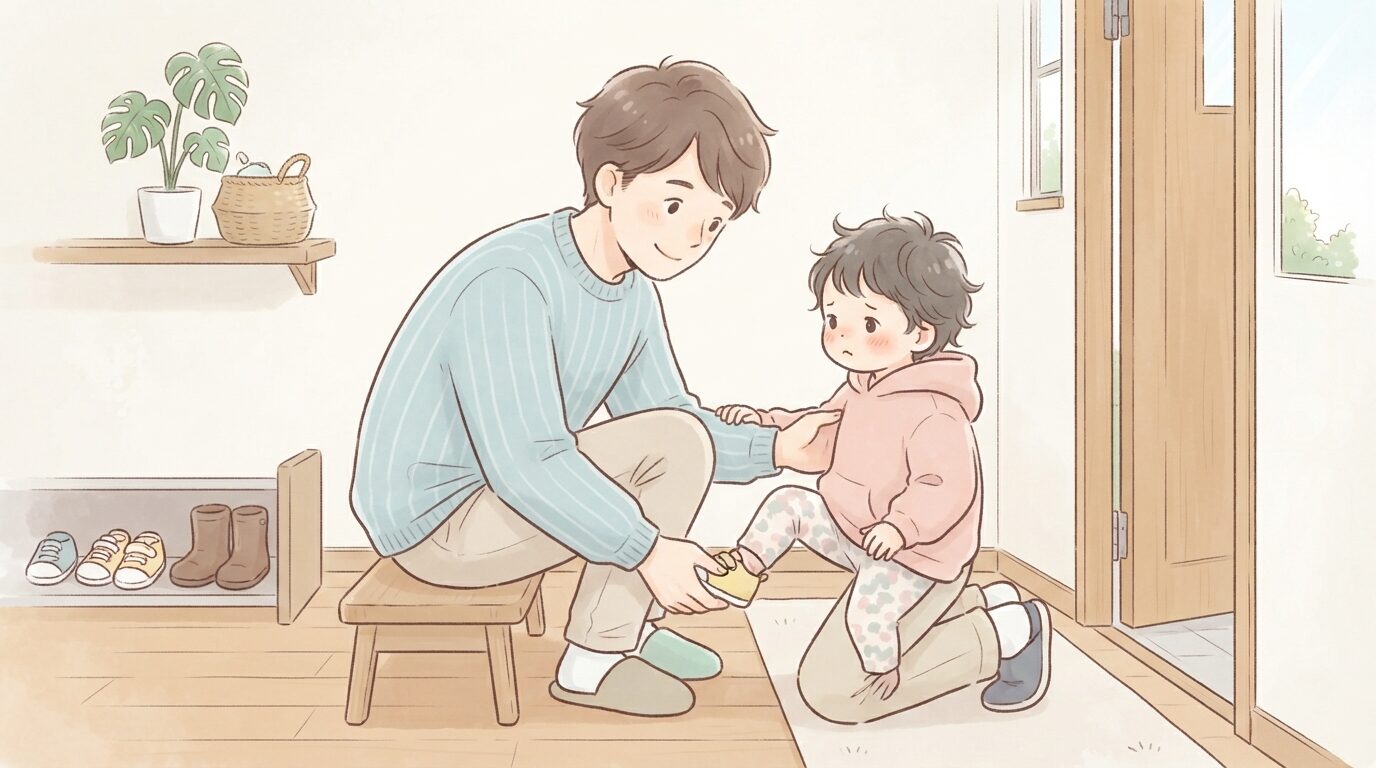 玄関先で靴を履かせながら子どもに優しく声をかける父親の温かい様子