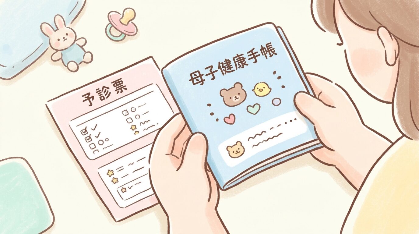 母子健康手帳とワクチンの予診票を確認する母親の手元
