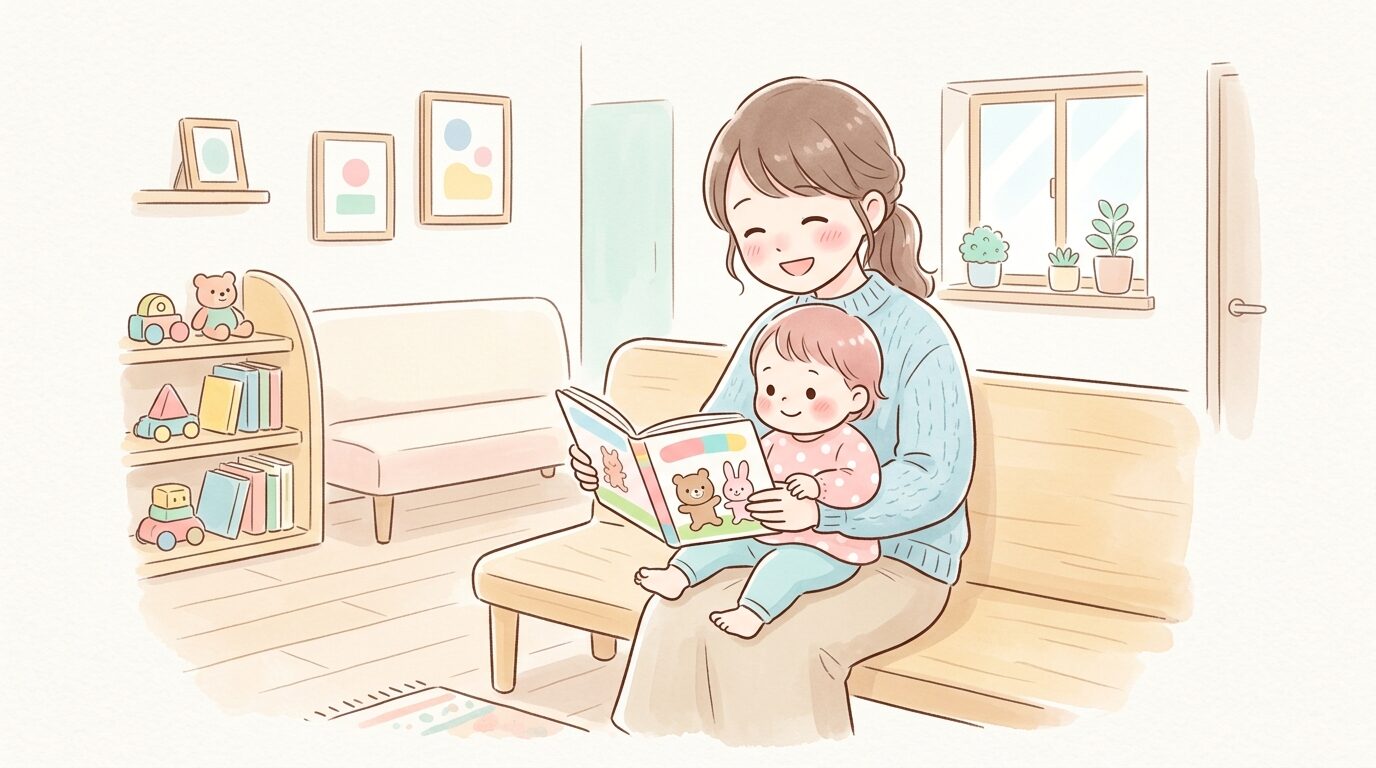 小児科の待合室で絵本を見せながら子どもをあやす保護者
