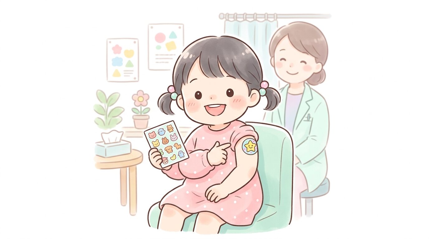 予防接種を終えてシールを貼られ笑顔を見せる2歳児