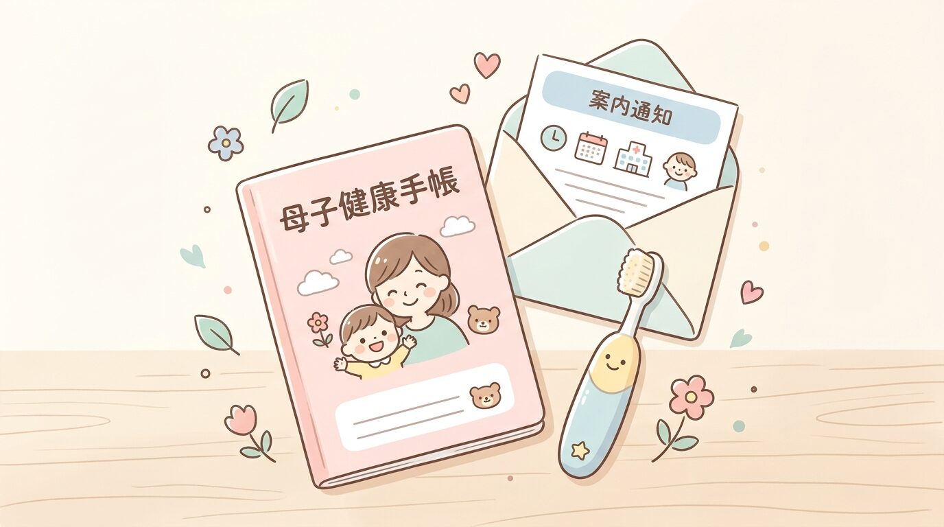 母子健康手帳と歯ブラシ、案内通知を並べたテーブルの上のフラットレイ写真