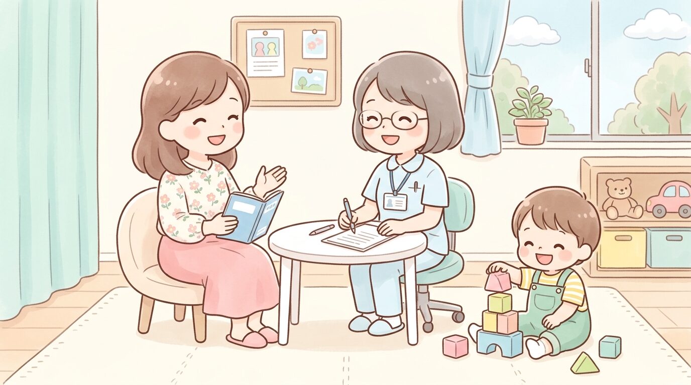 保健師と向き合って笑顔で相談する母親と、隣で積み木で遊ぶ2歳児