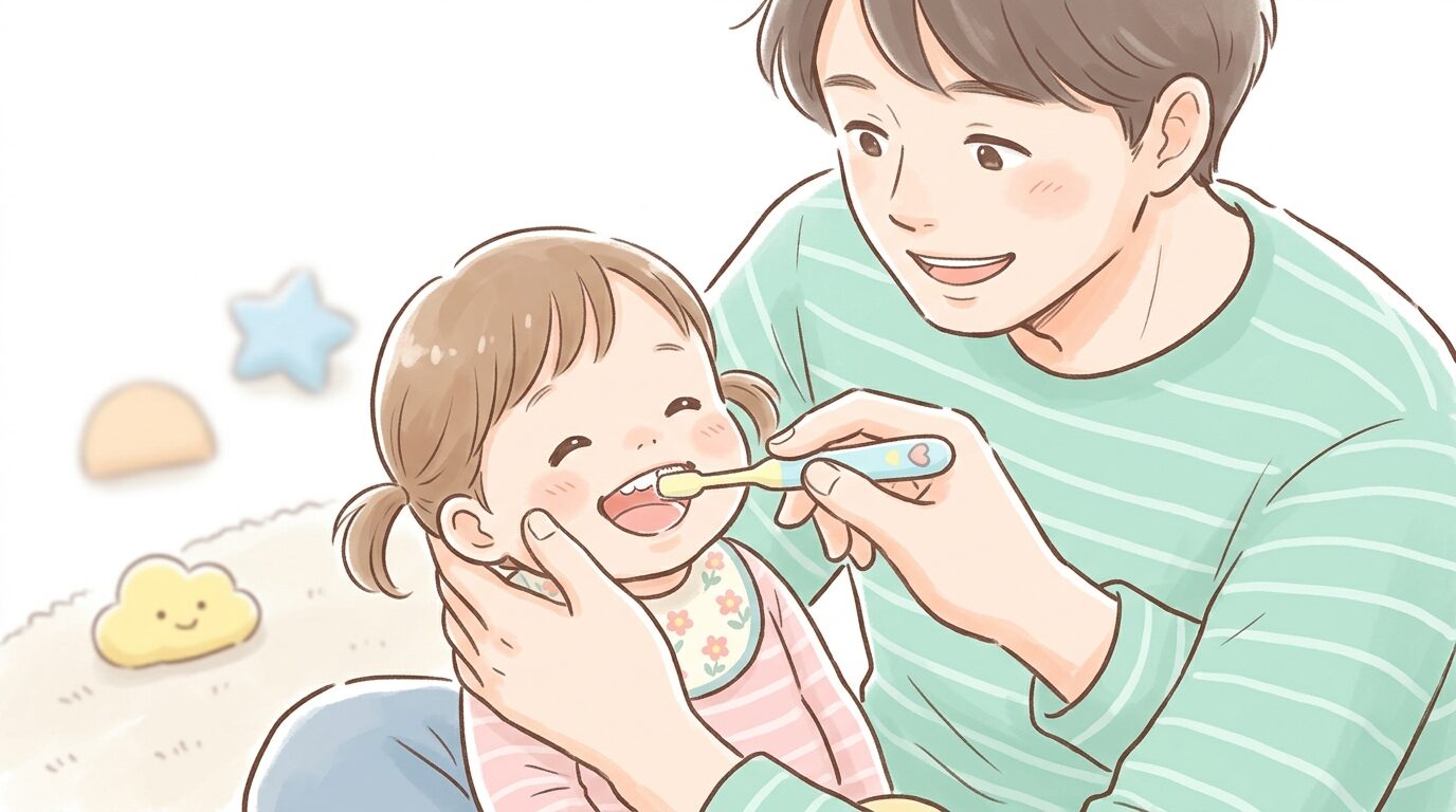 2歳児の歯を優しく仕上げ磨きする父親の手元アップ