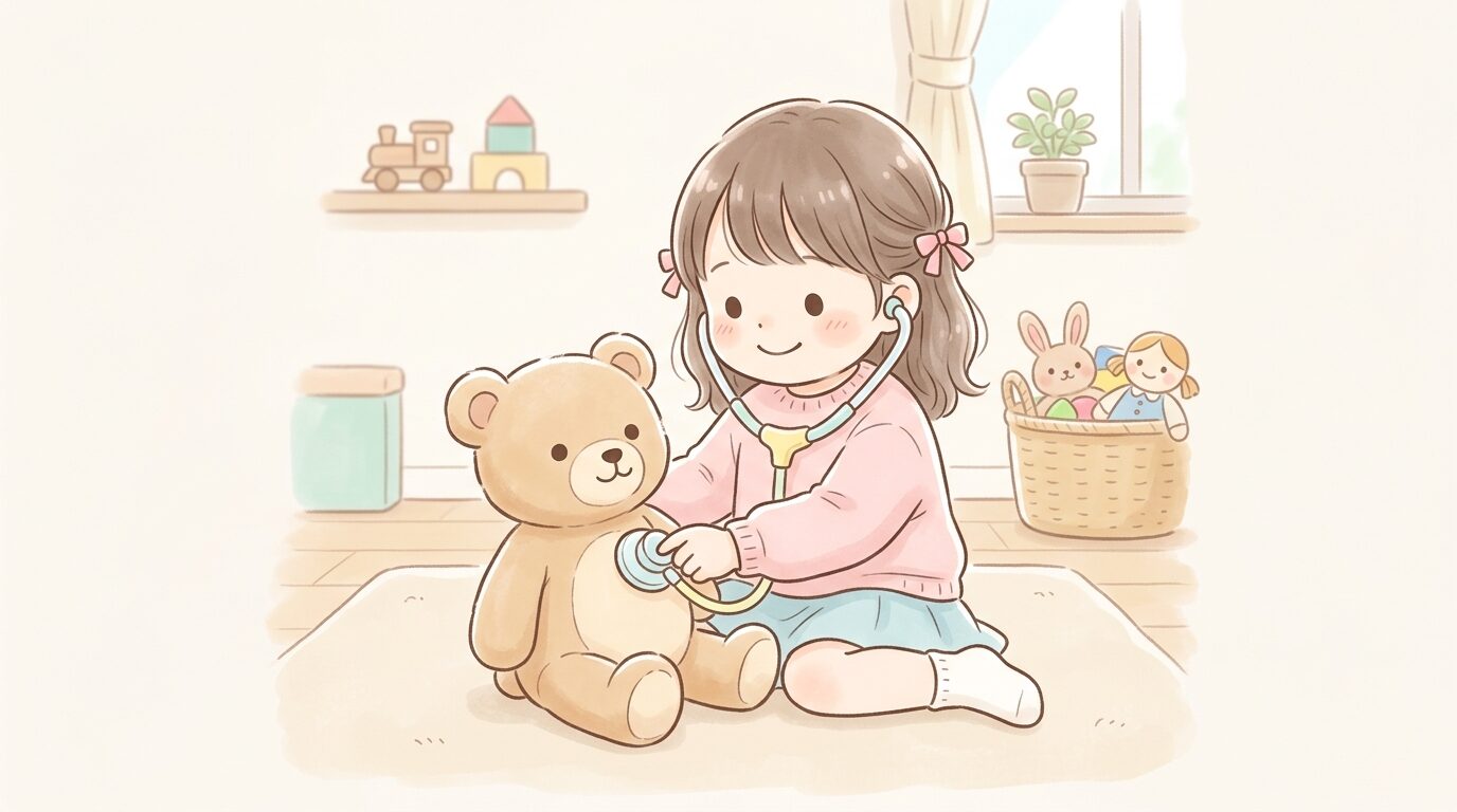 おもちゃの聴診器を使ってぬいぐるみを診察する2歳児の女の子、明るいリビングの雰囲気