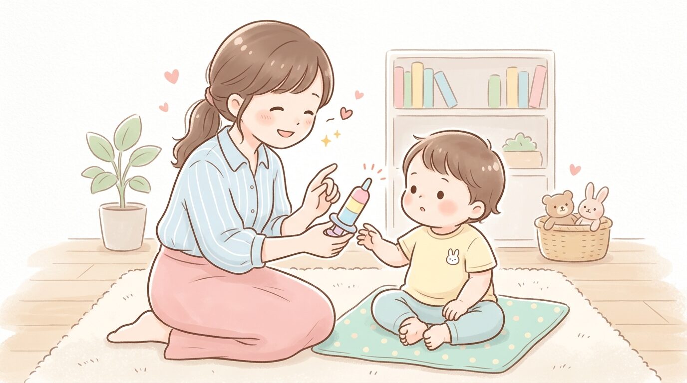 親子で向かい合い、おもちゃの注射器を見せながら優しく説明する母親と2歳児