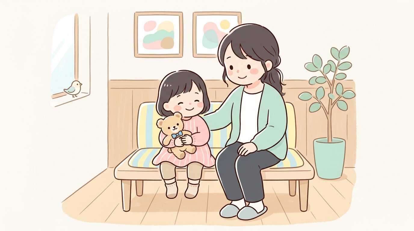 待合室で好きなぬいぐるみを抱きしめて座る2歳の子どもと、隣で優しく見守る母親