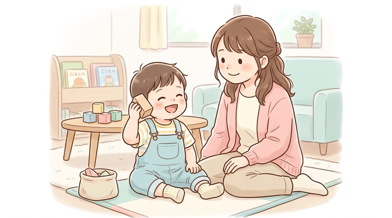 リビングで積み木を電話に見立てて話す笑顔の2歳児と、隣で微笑む母親の様子