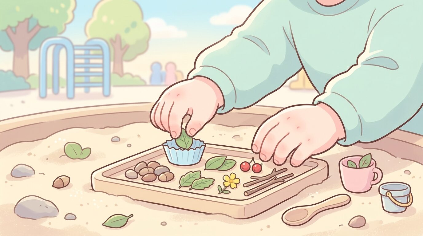 公園の砂場で葉っぱや小石を使ってお店屋さんごっこをする2歳児のかわいい手元