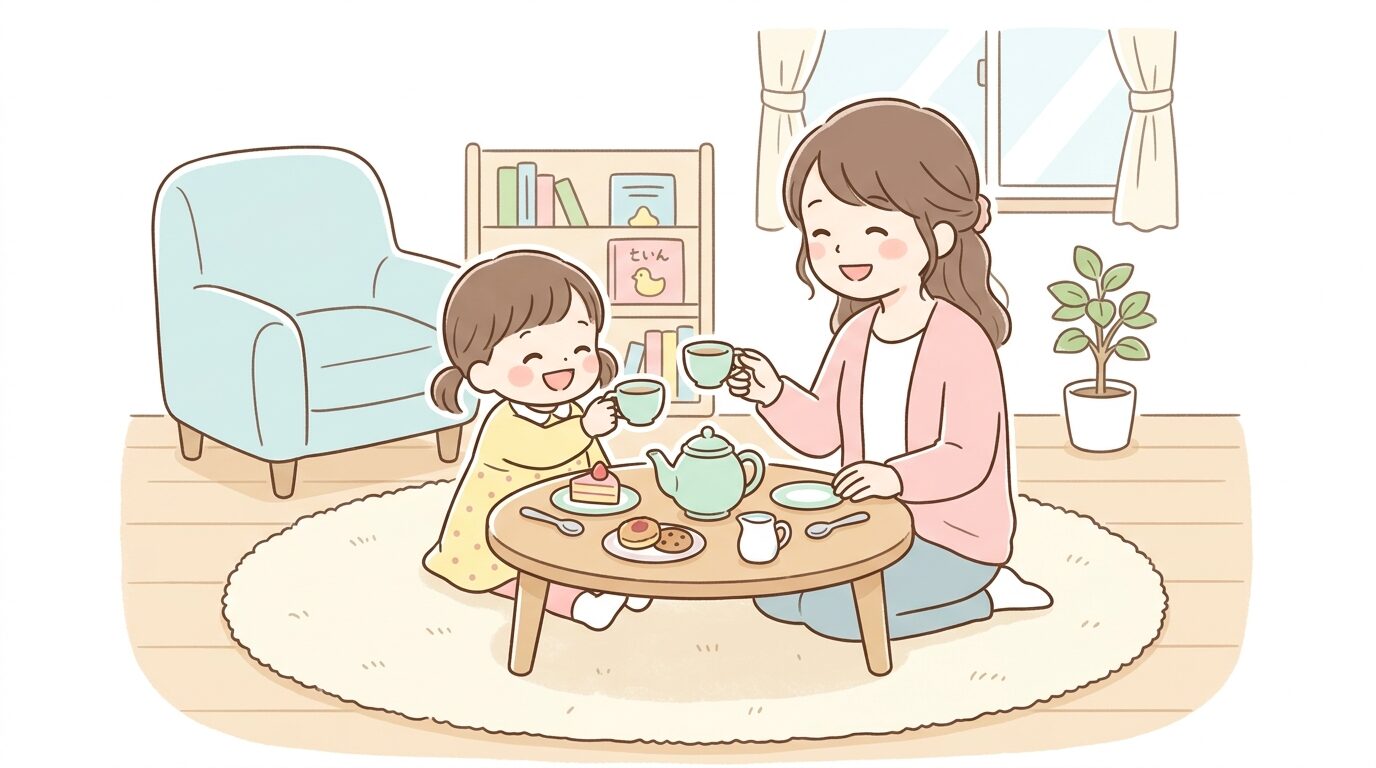 親子でおままごとセットを使い、笑顔でティーパーティーごっこをしているシーン