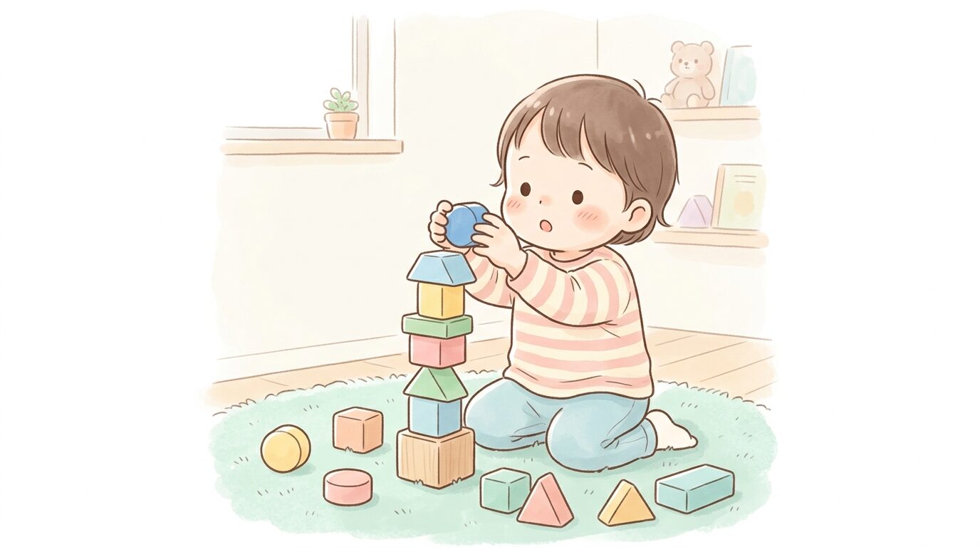 木製ブロックを両手で高く積み上げようと真剣な表情をしている2歳くらいの子ども