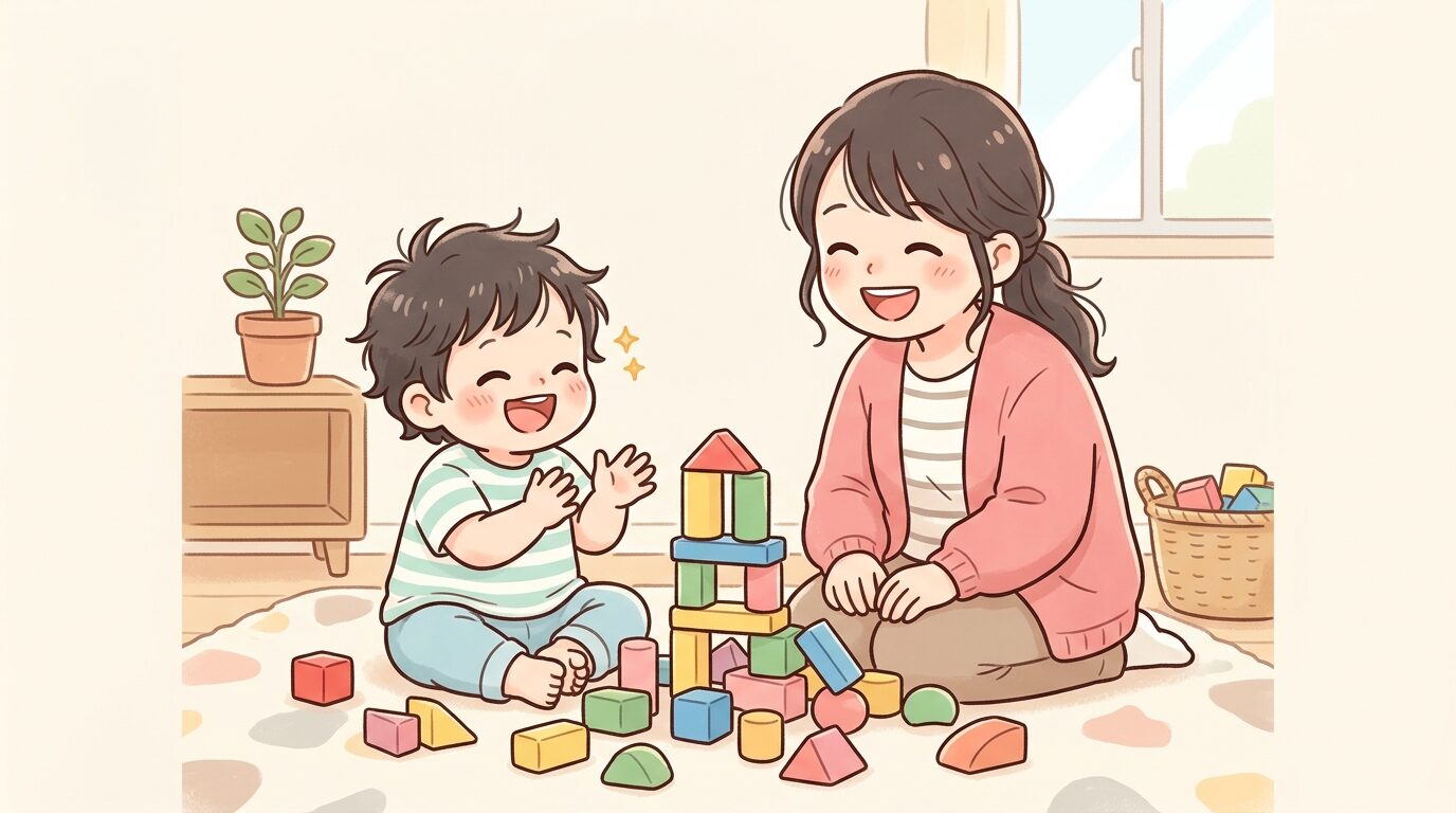 カラフルなブロックで作った小さなタワーが崩れて笑っている親子の様子