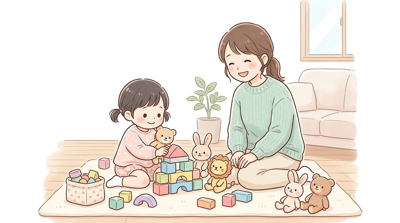 リビングでブロックとぬいぐるみを組み合わせて遊ぶ2歳児と見守る母親
