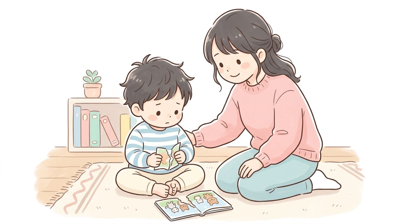 破れた絵本のページを見つめながら考え込む2歳児と、隣で見守る母親の柔らかな表情
