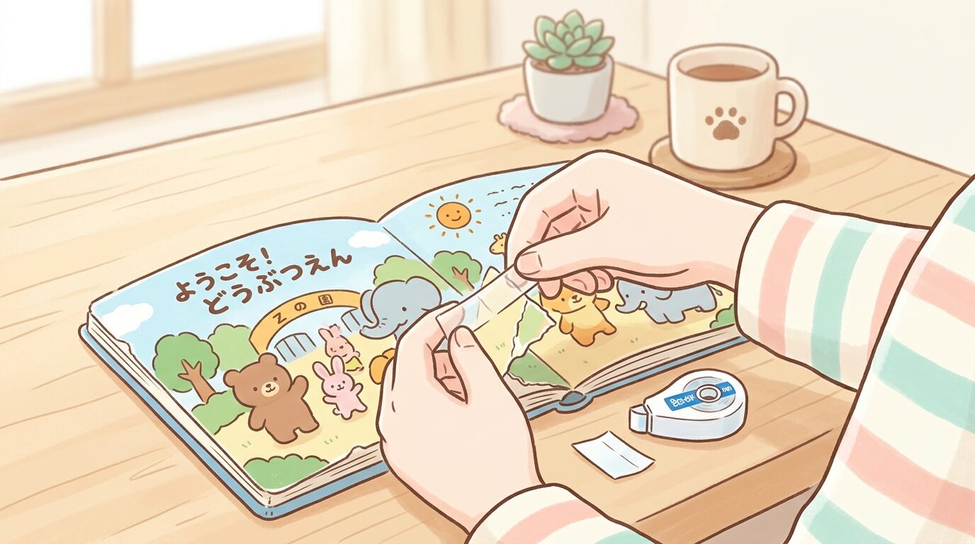 テーブルの上でブックリペアテープを使って絵本のページを補修する親の手元のクローズアップ