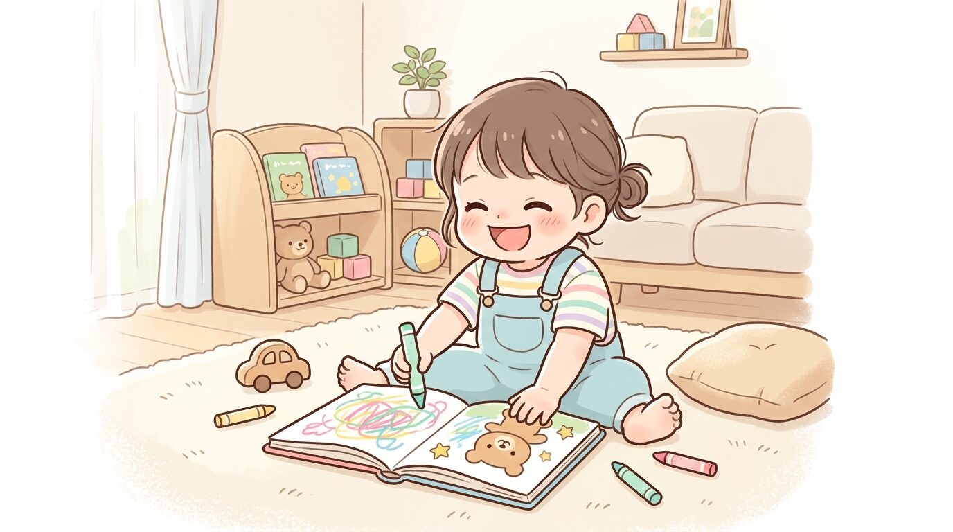明るいリビングでクレヨンを持って絵本に落書きをしている2歳児のいたずらっぽい笑顔
