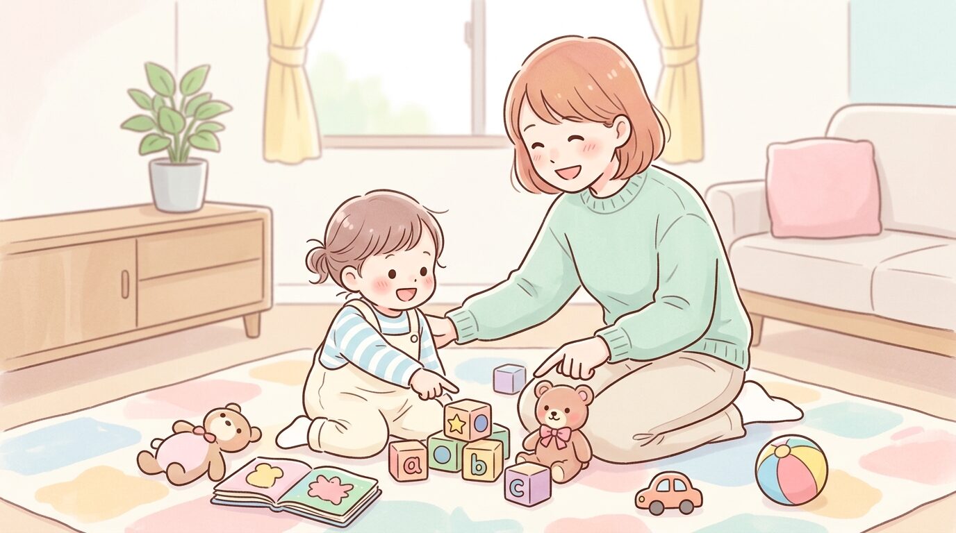 リビングで積み木やぬいぐるみを指差しながら名前を教える母親と2歳児