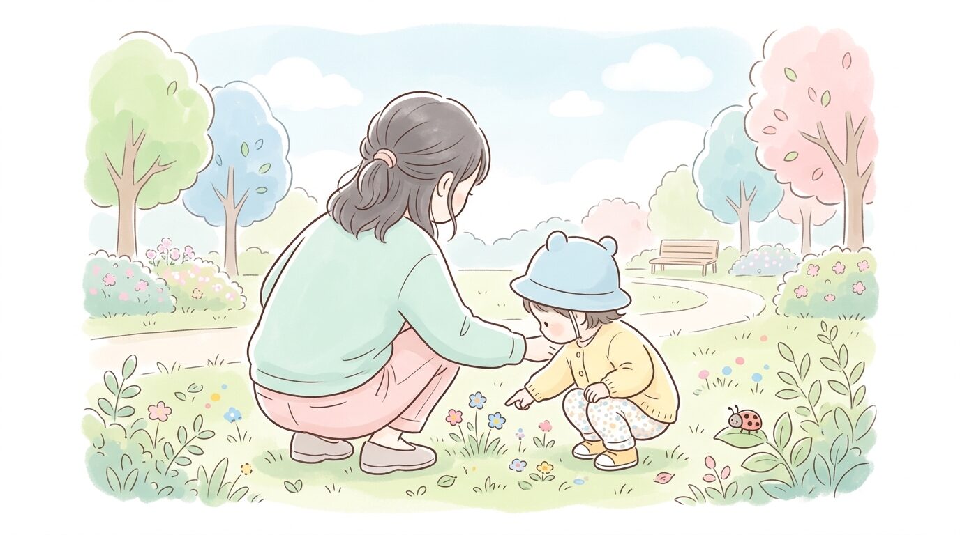公園でしゃがみながら花や虫を子どもと一緒に観察する親子の後ろ姿