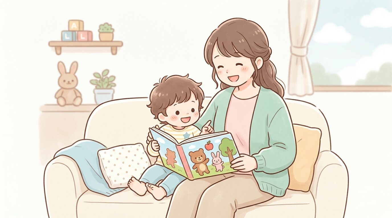 絵本を膝の上で一緒に読みながら笑顔で会話する親子の室内シーン