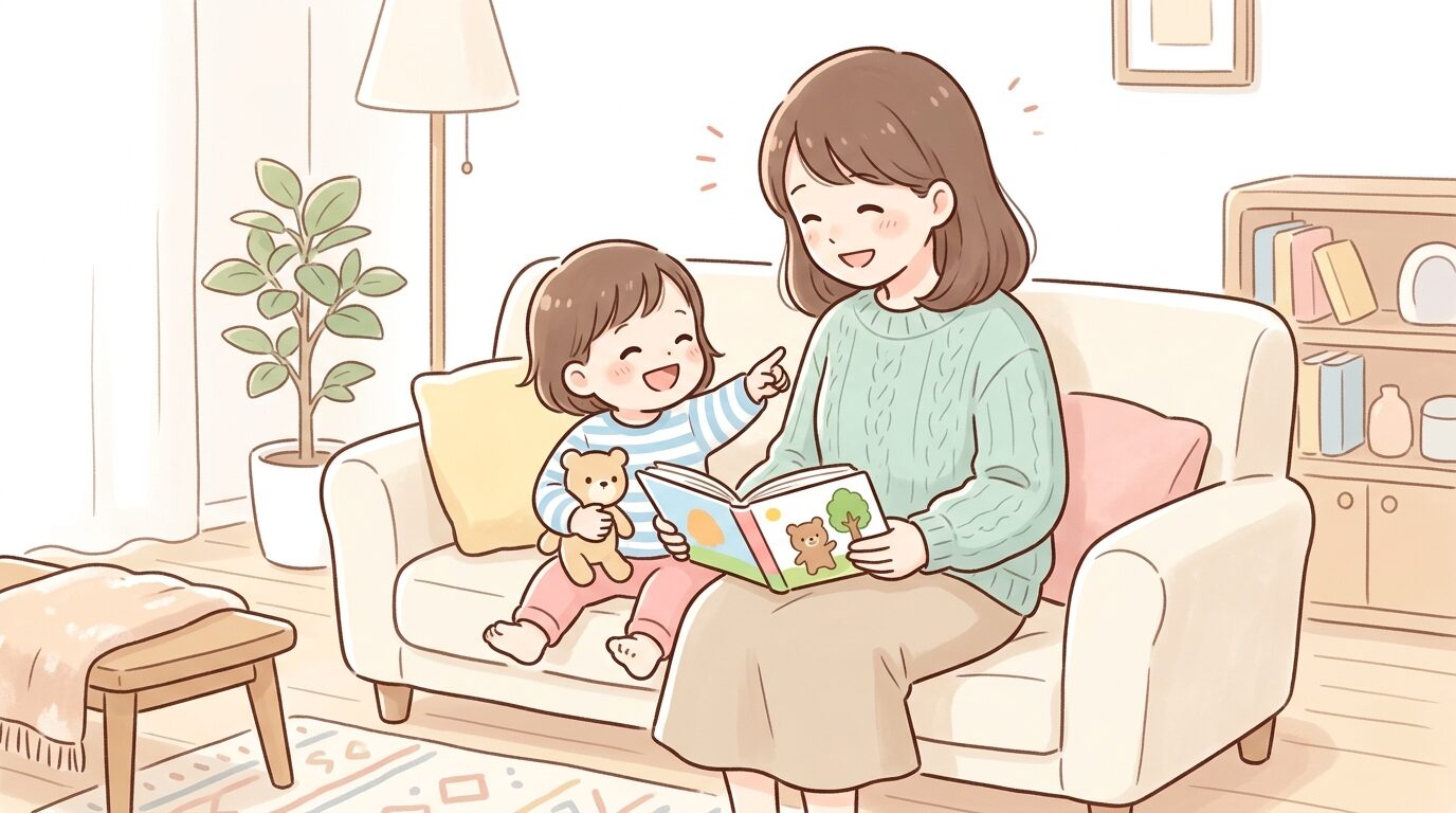 リビングで絵本を指差しながら母親に質問する2歳児の笑顔