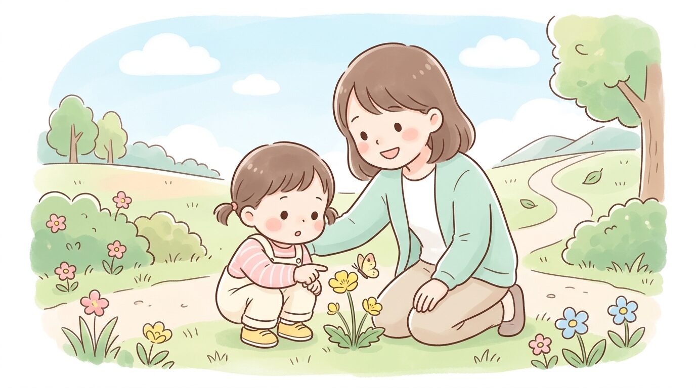公園で花や虫を指差して不思議そうな表情を浮かべる子どもと寄り添う親