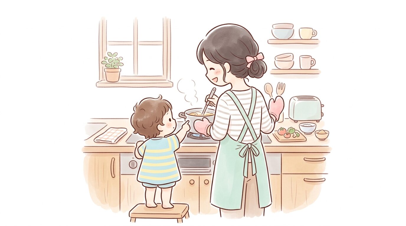 キッチンで料理をしながら子どもの質問に笑顔で答える親の後ろ姿