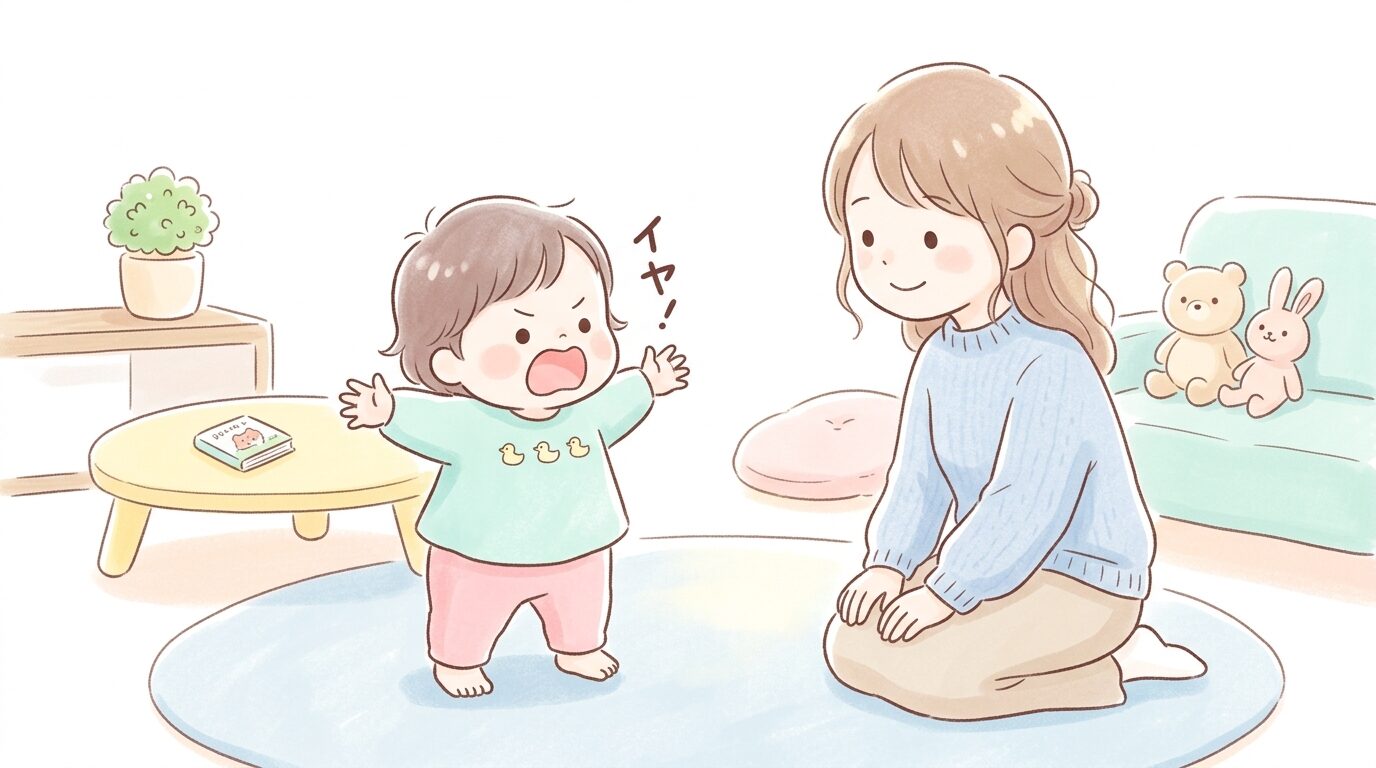 リビングで両手を広げて「イヤ！」と主張する2歳くらいの子どもと、優しく見守る母親の様子