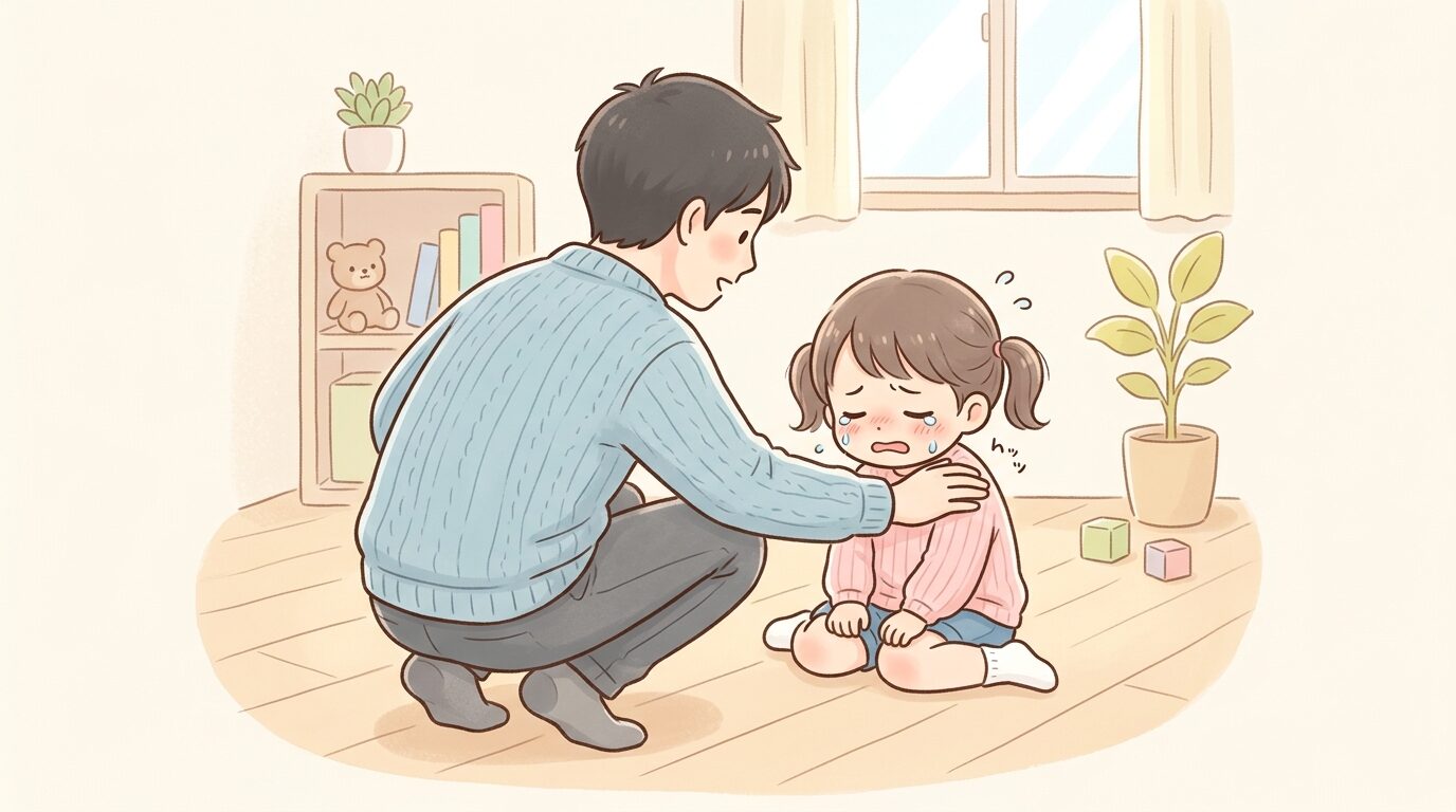 床に座り込んで泣いている2歳児の隣で、目線を合わせてしゃがみ話しかける父親の後ろ姿