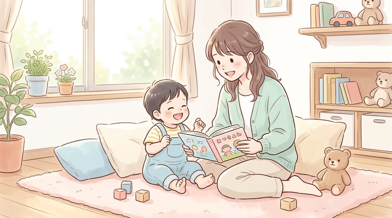 絵本を一緒に読みながら笑顔で会話する母親と2歳児、暖かい光が差し込むリビング