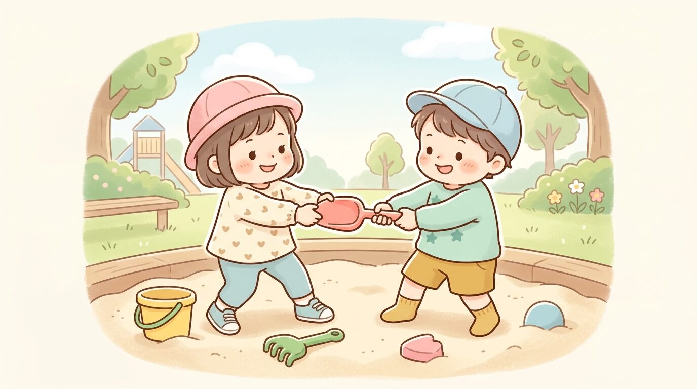 公園の砂場で2人の2歳児がおもちゃを引っ張り合っている様子