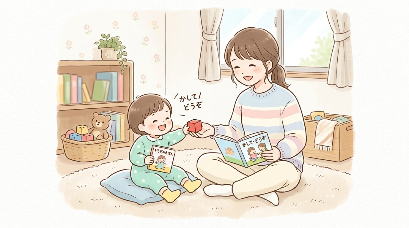 リビングで母親と子どもが絵本を読みながら「かして」「どうぞ」の言葉を練習している温かい場面