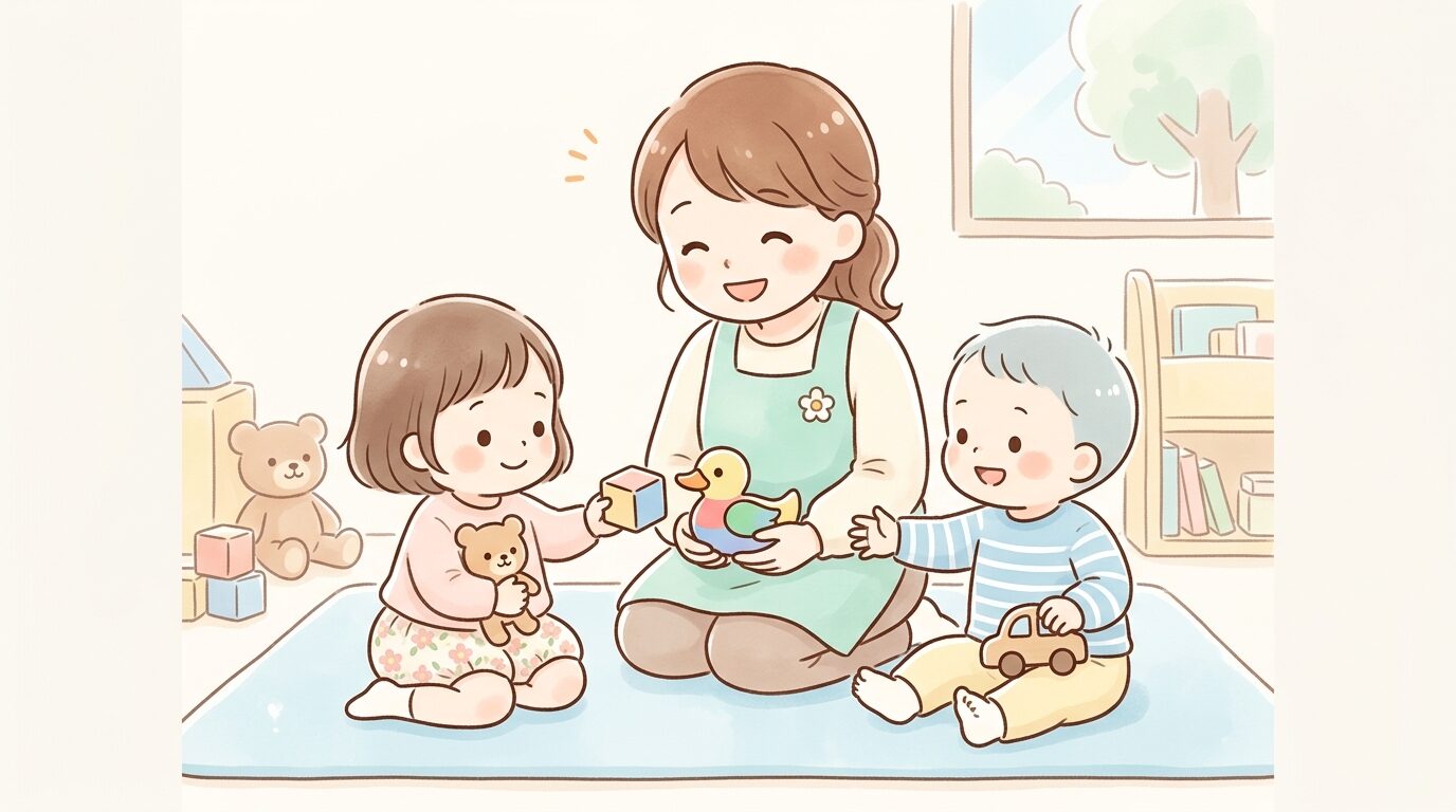 保育士や親が2人の子どもの間に座り、笑顔で話を聞いているシーン
