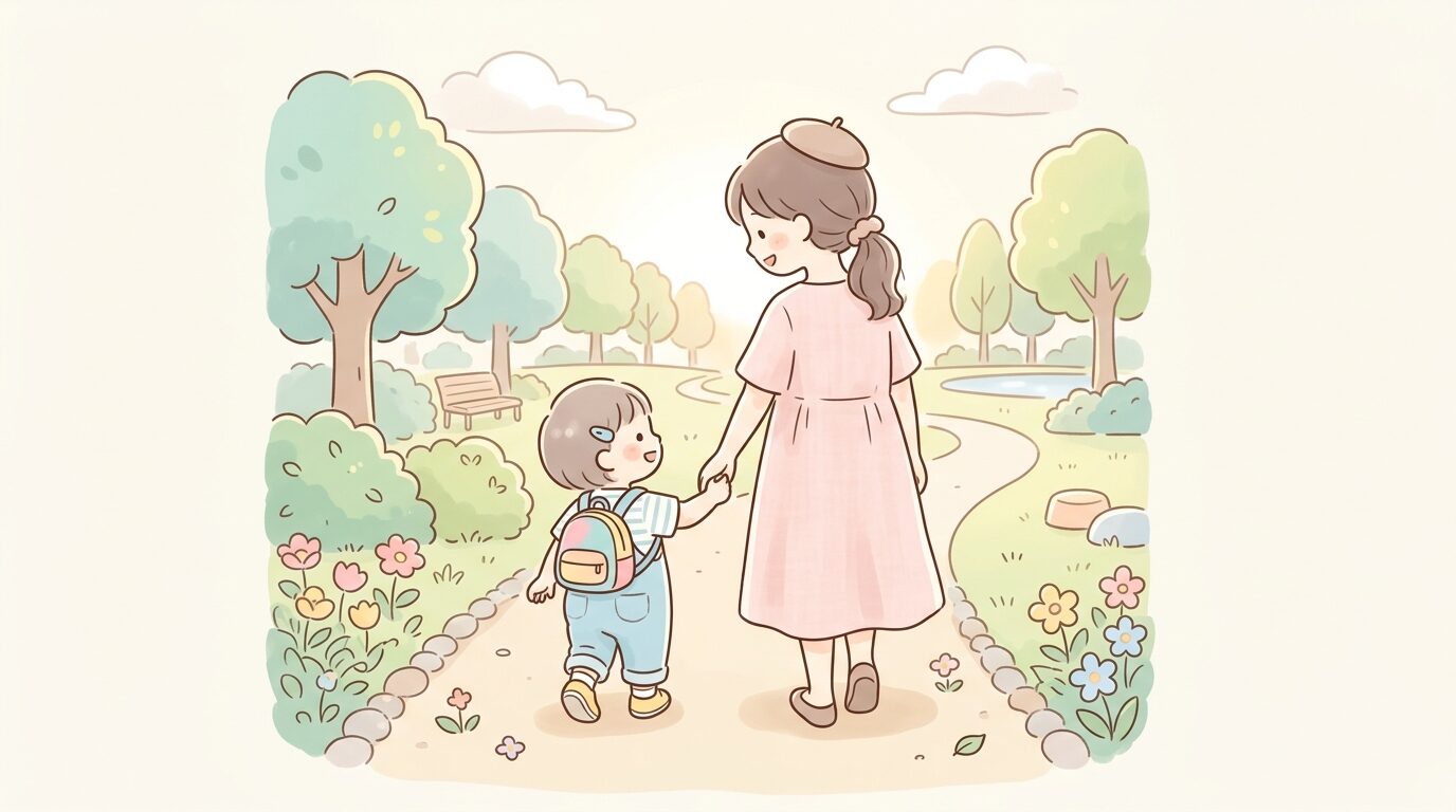 公園で母親と手をつないで歩く2歳児の後ろ姿、柔らかな午後の光の中で笑顔を見せる親子