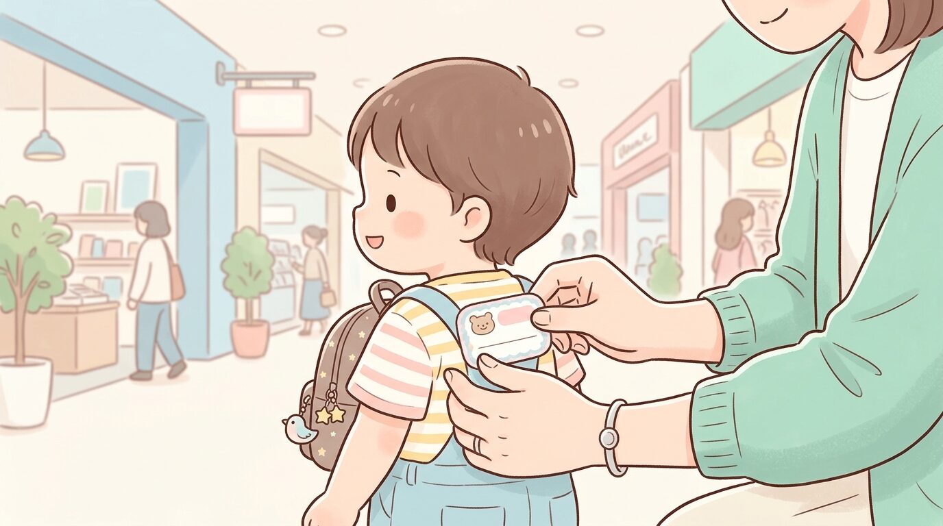 ショッピングモールの中で迷子シールを子どもの服に貼り付ける母親の手元アップ