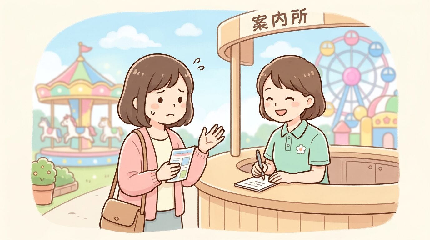 遊園地の案内所で係員に子どもの特徴を伝える不安げな表情の母親
