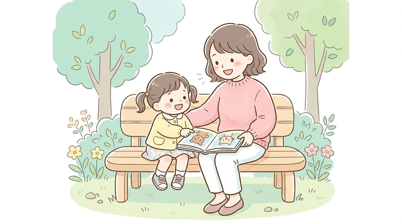 公園のベンチで絵本を指差しながら親子で楽しそうに会話する2歳児と母親