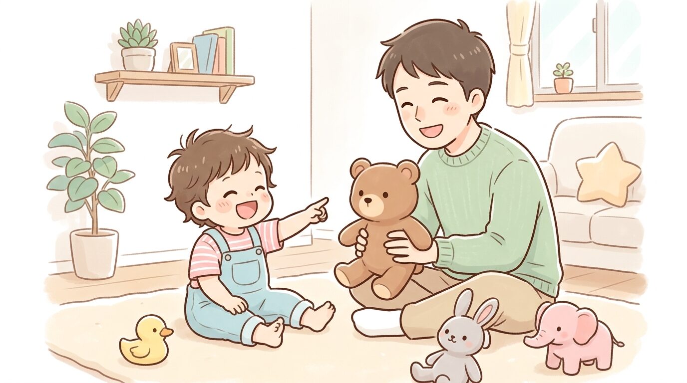 リビングでぬいぐるみを使って名前当てごっこをして遊ぶ2歳児と父親の楽しそうな様子