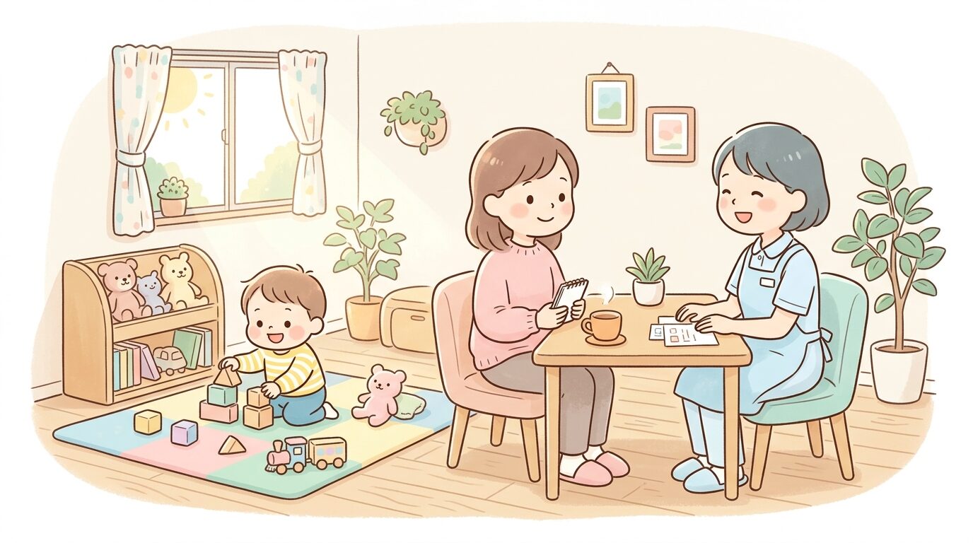 保健センターの明るい相談室で保健師と話す母親と隣で遊ぶ2歳児